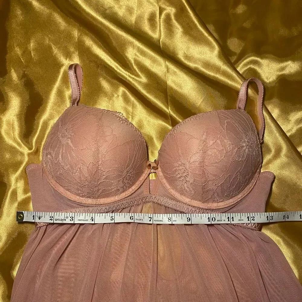 Daisy Fuentes Pink Sheer Lace Babydoll Slip Dress with Underwire Cups